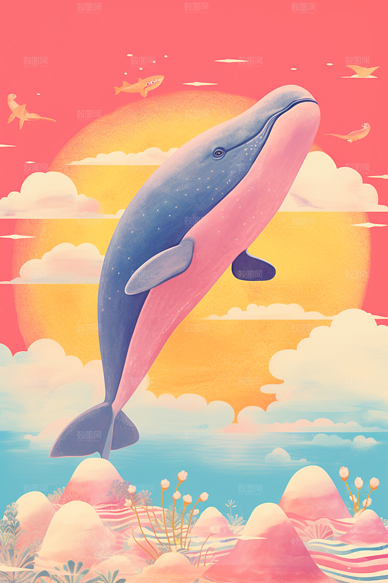 幻想天空鲸鱼童话孤独插画