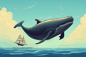 幻想天空鲸鱼孤独手绘插画