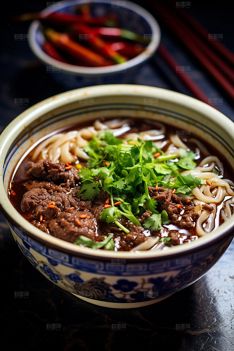 兰州拉面干切牛肉面条摄影图