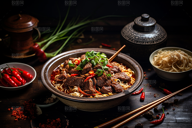 兰州拉面特色干切牛肉摄影图