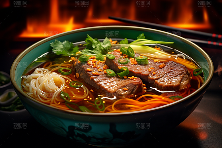 兰州拉面干切牛肉面条摄影图