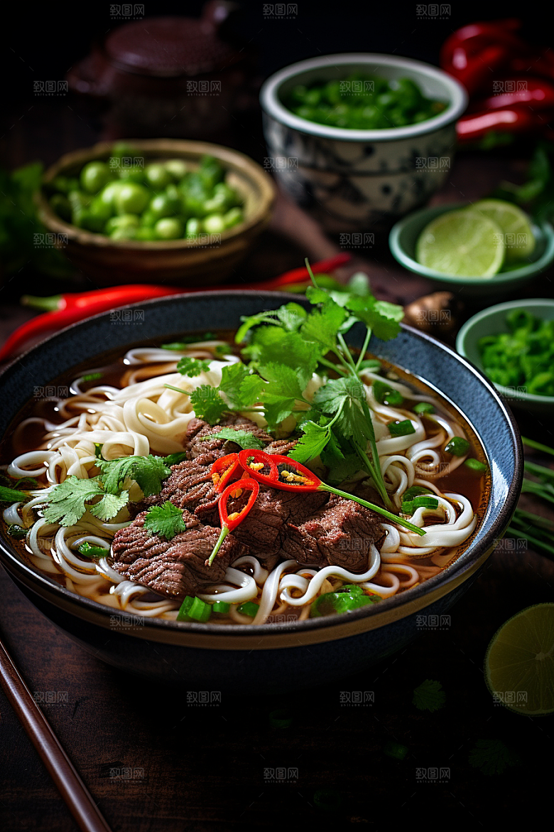 兰州拉面干切牛肉面条摄影图