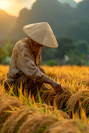 农民丰收水稻农田摄影图