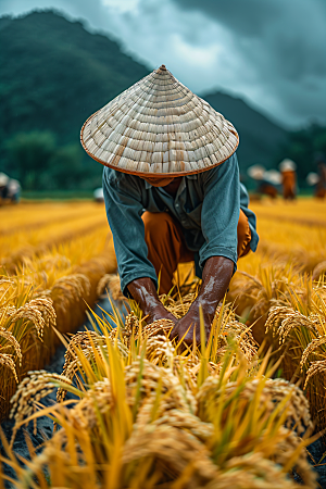 农民丰收农田稻谷摄影图