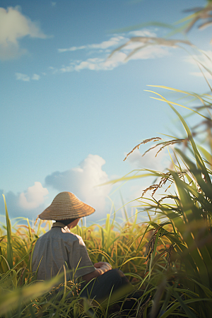农民丰收耕田水稻摄影图