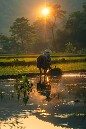 农民丰收劳作水稻摄影图