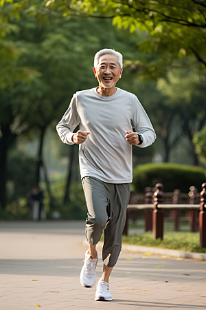 老年人锻炼晨跑健身摄影图