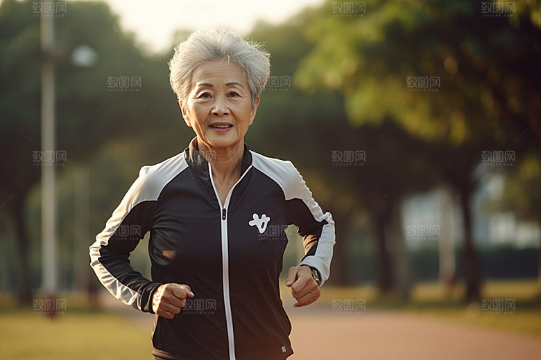 老年人锻炼晨跑夕阳红摄影图