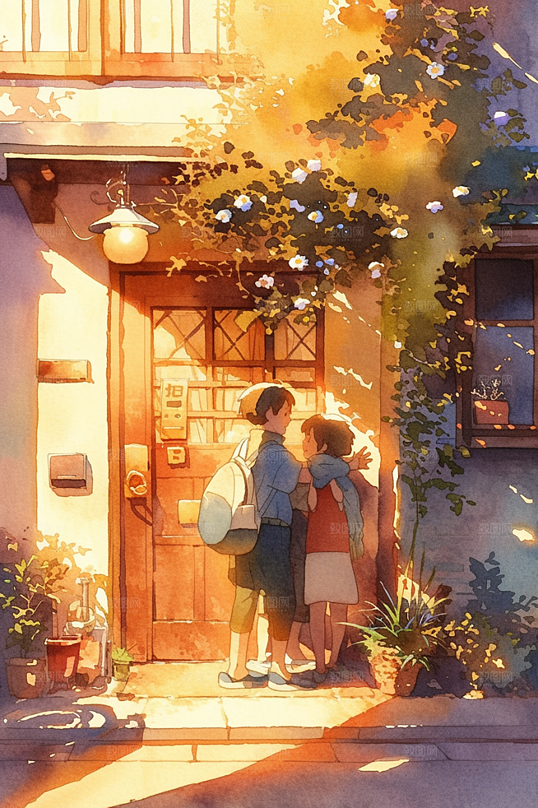 老人目送孩子离家留守老人背景插画