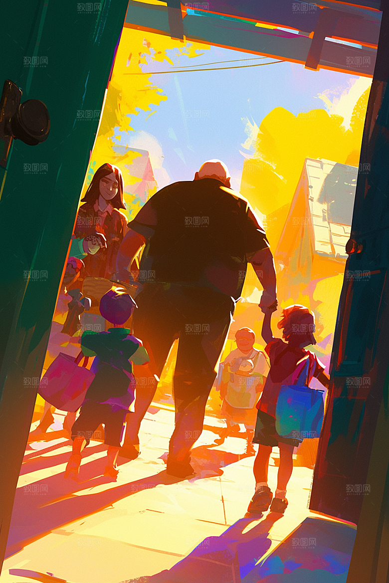 老人目送孩子离家夕阳红家人插画