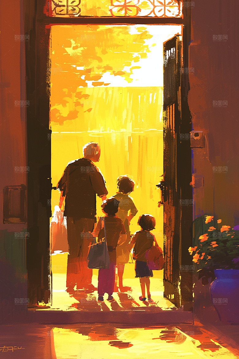 老人目送孩子离家背景手绘插画