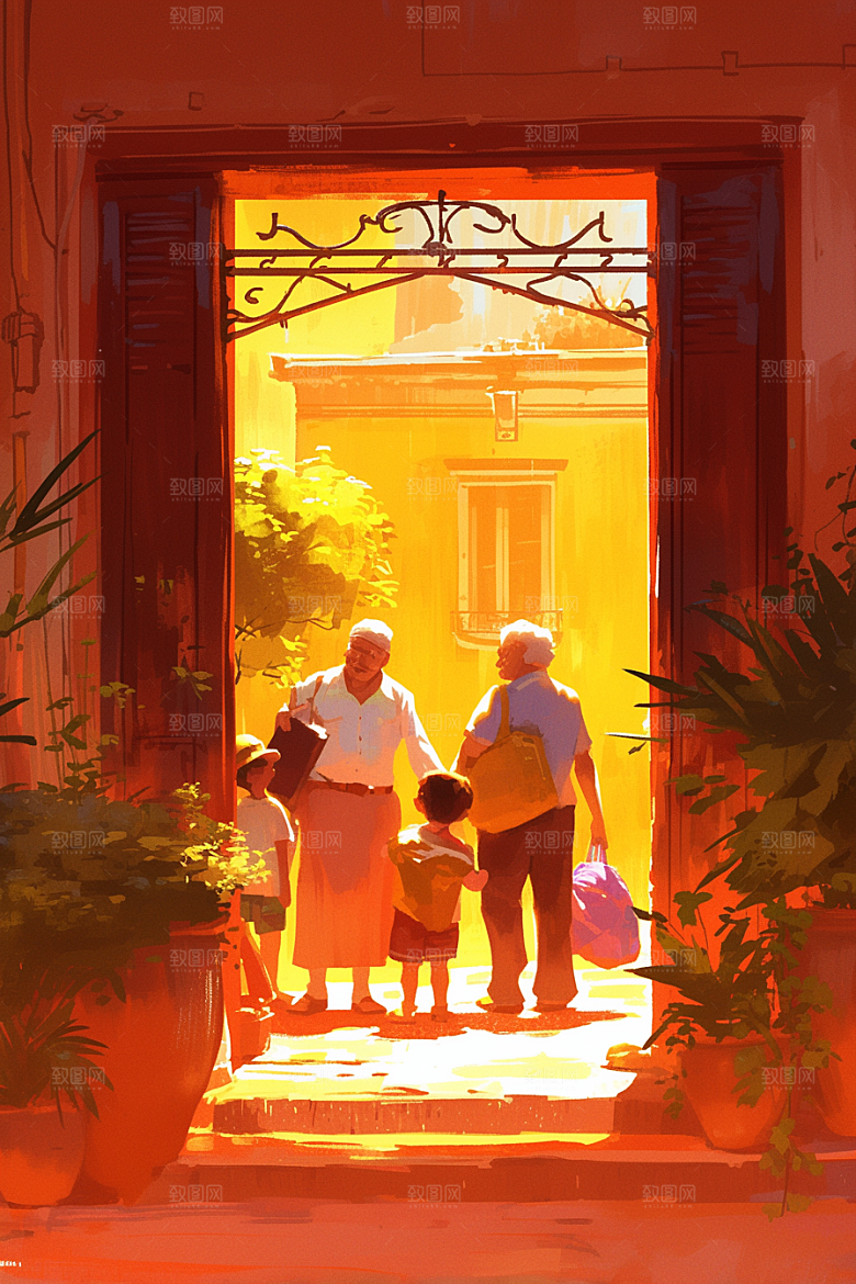 老人目送孩子离家夕阳红远行插画
