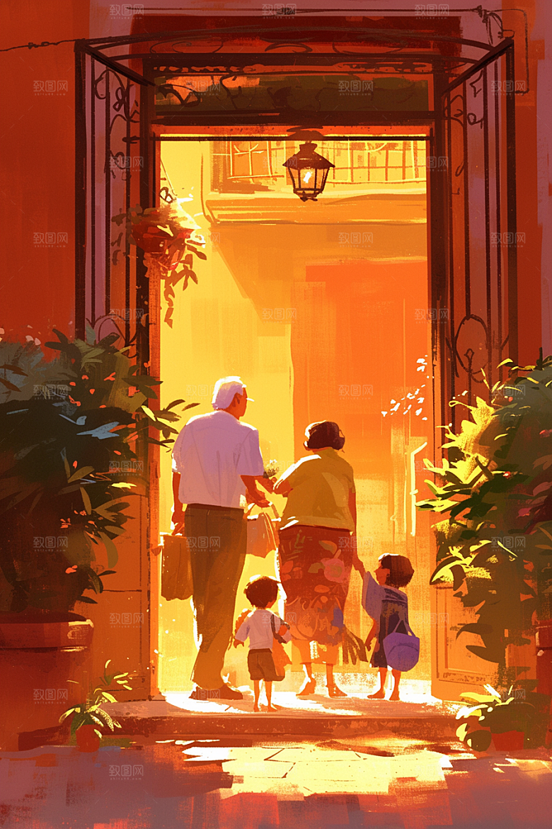 老人目送孩子离家亲情夕阳红插画