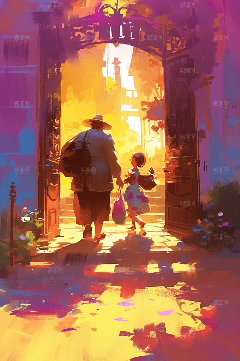 老人目送孩子离家夕阳红家庭插画