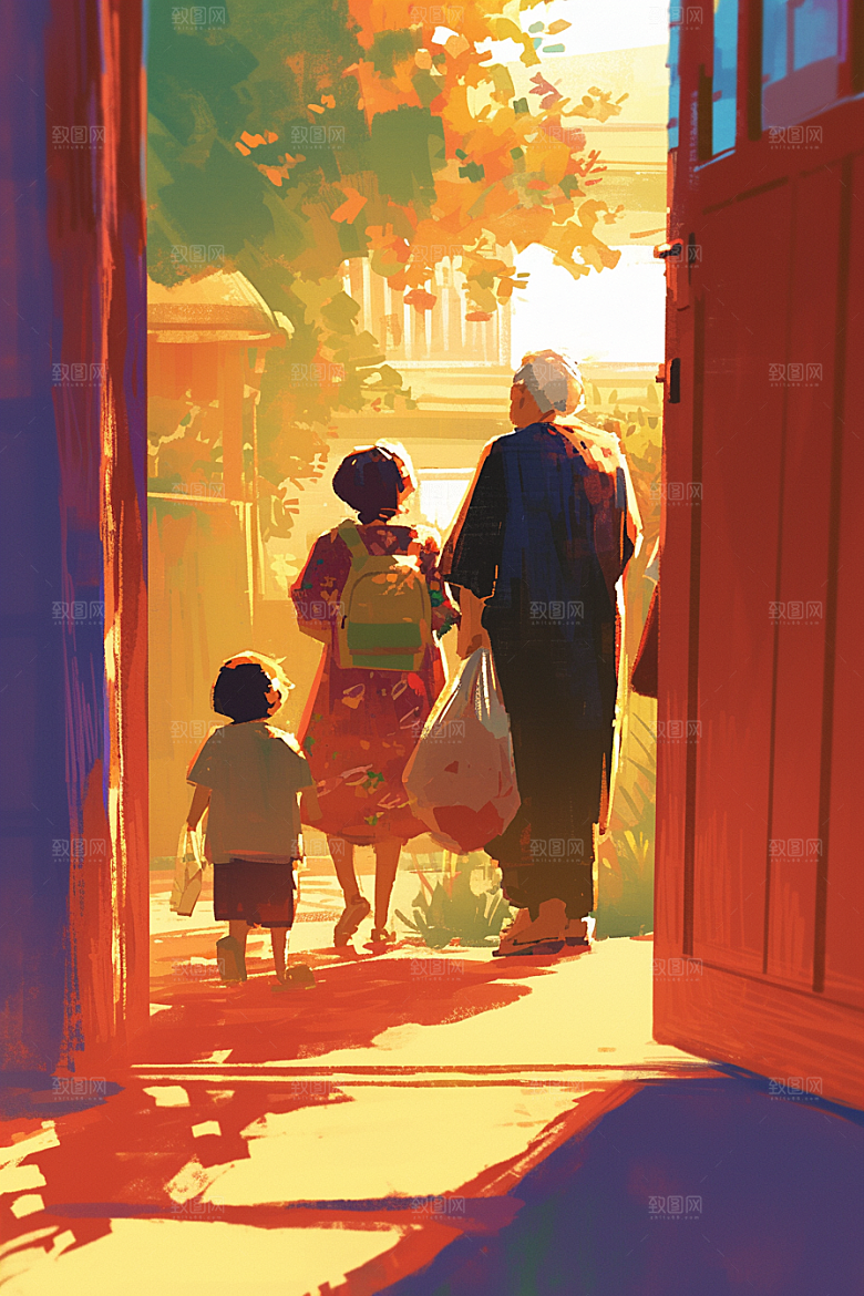 老人目送孩子离家夕阳红家庭插画