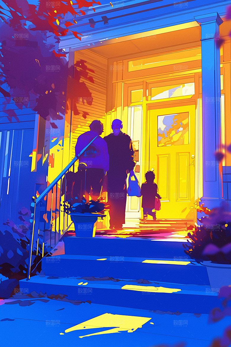 老人目送孩子离家夕阳红家人插画
