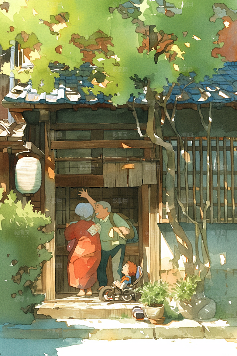 老人目送孩子离家夕阳红高清插画