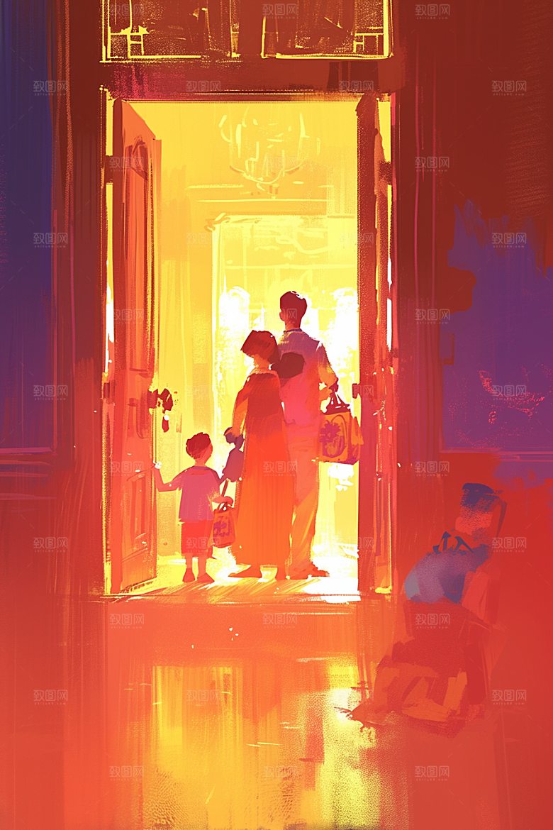 老人目送孩子离家背景高清插画