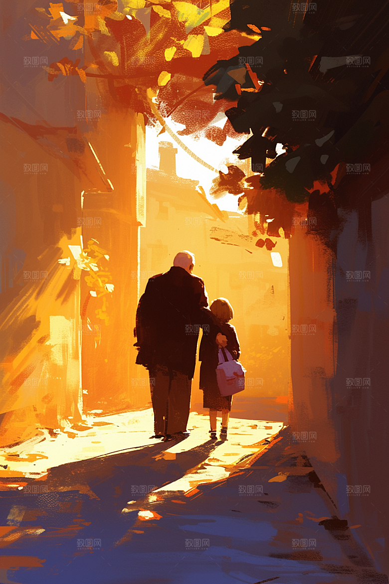 老人目送孩子离家温馨暖色插画