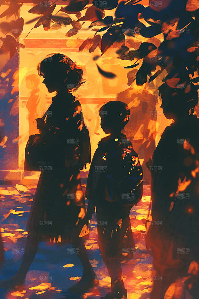 老人目送孩子离家手绘温暖插画