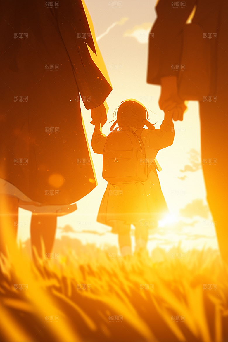老人目送孩子离家温暖夕阳红插画