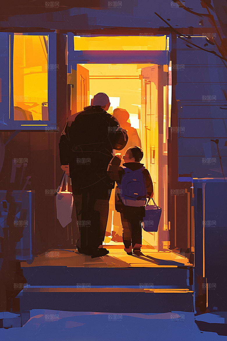 老人目送孩子离家夕阳红家人插画