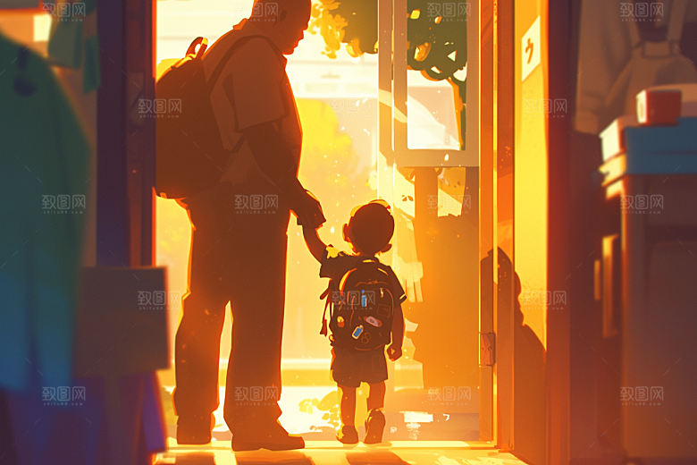 老人目送孩子离家亲情背景插画