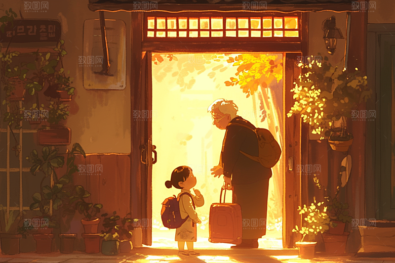 老人目送孩子离家背景家人插画