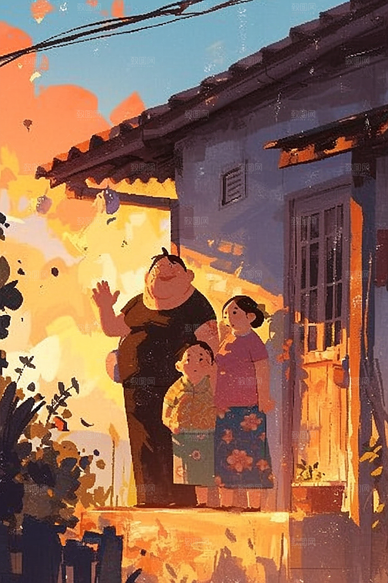老人目送孩子离家留守老人远行插画