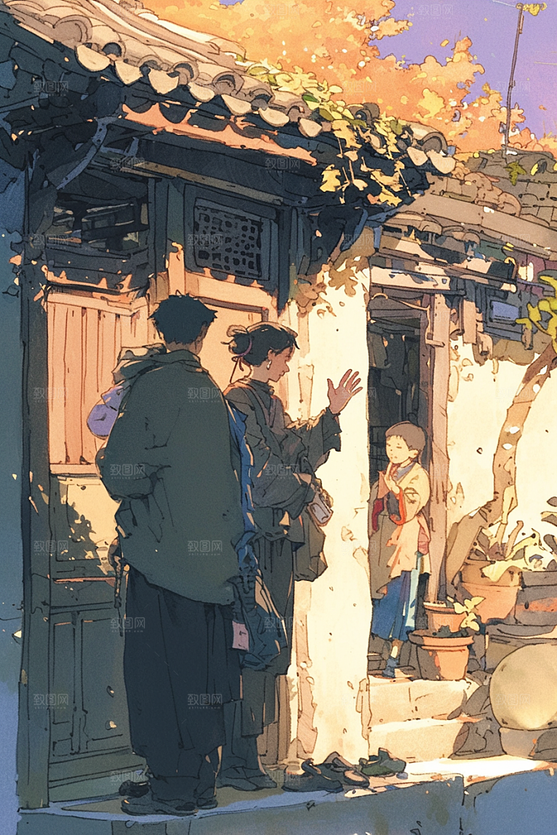 老人目送孩子离家家庭留守老人插画