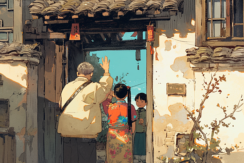 老人目送孩子离家高清背景插画
