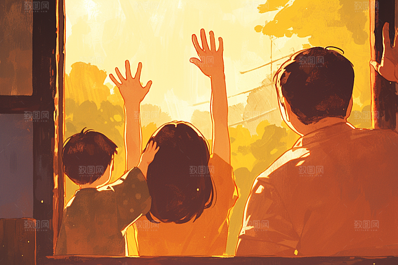 老人目送孩子离家家庭背景插画