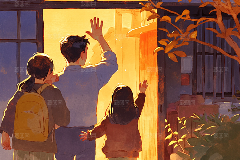 老人目送孩子离家温暖家庭插画