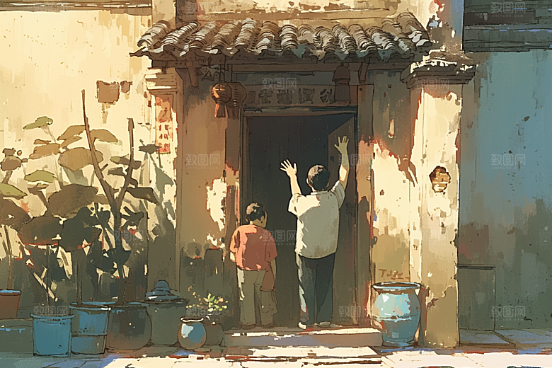 老人目送孩子离家背景家庭插画