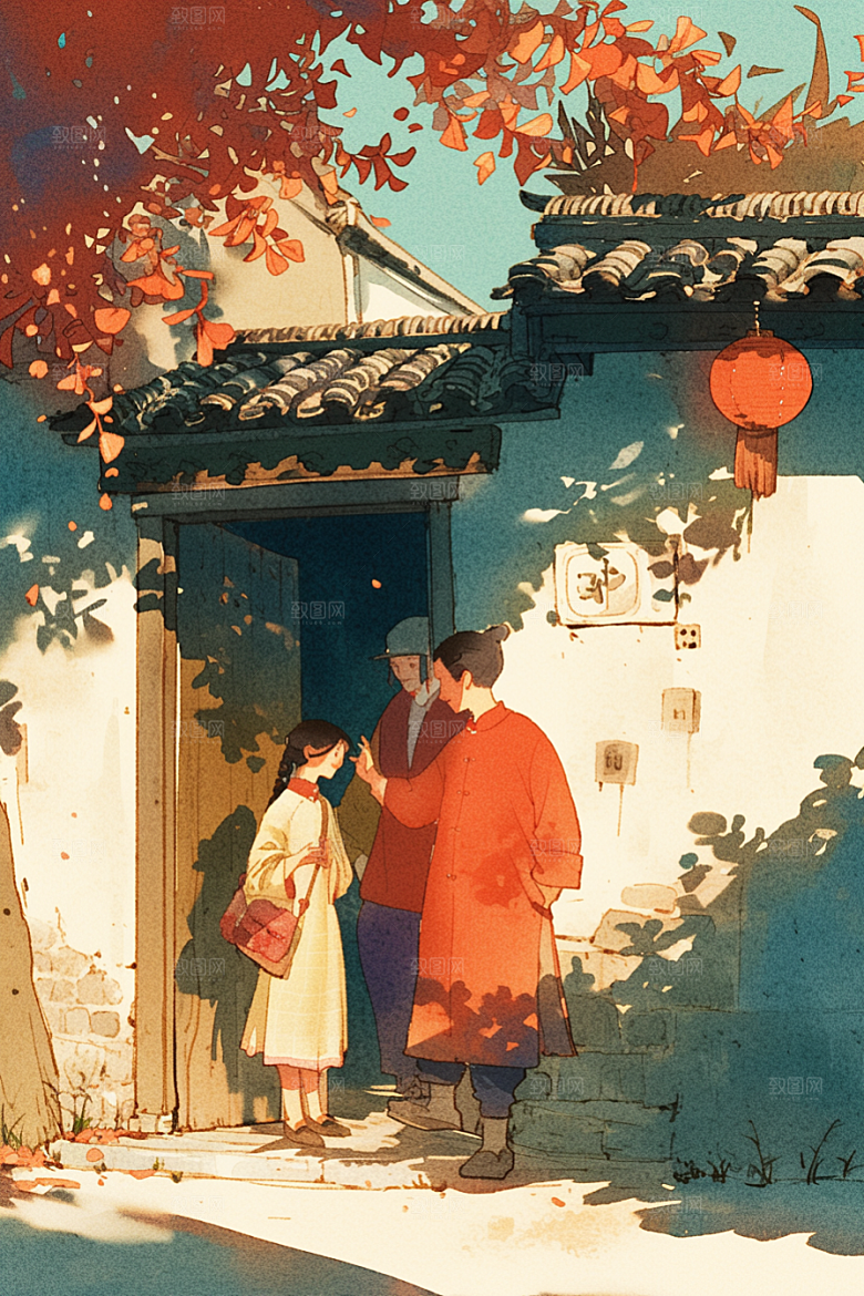 老人目送孩子离家远行温暖插画