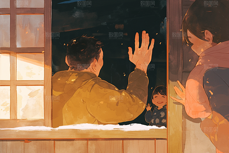 老人目送孩子离家温暖远行插画