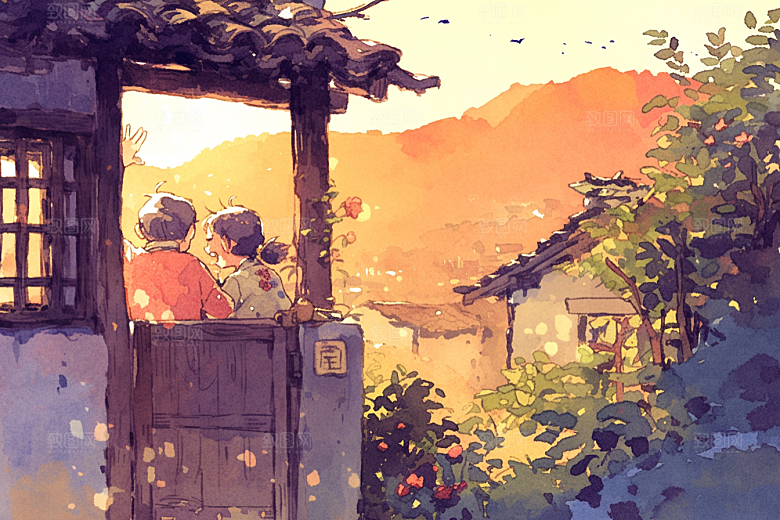 老人目送孩子离家背景亲情插画