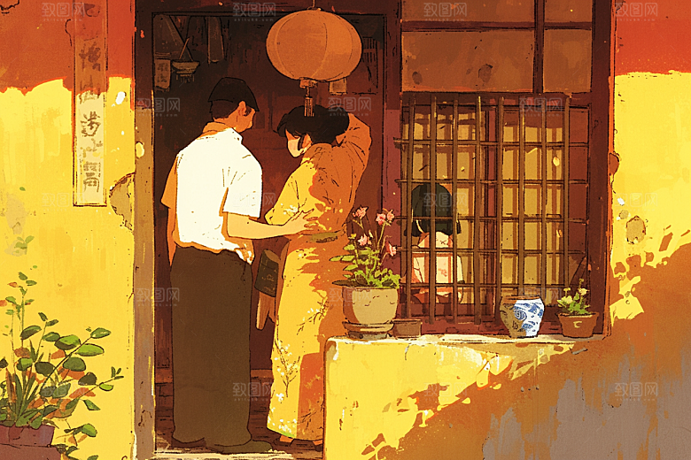 老人目送孩子离家温馨高清插画