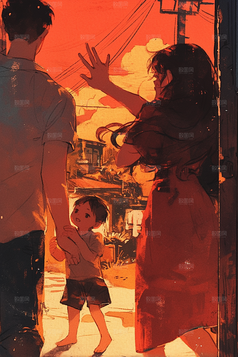 老人目送孩子离家远行高清插画