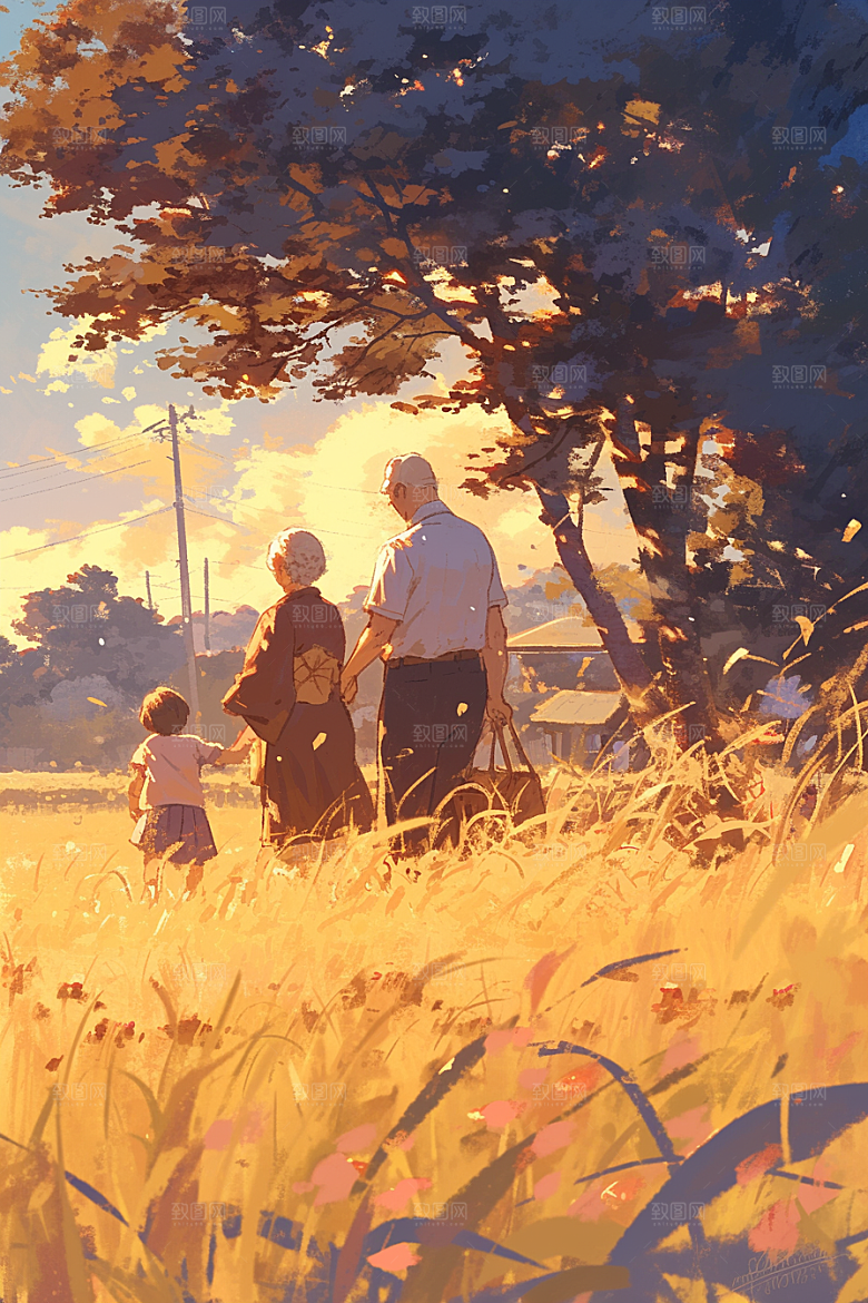 老人目送孩子离家暖色家人插画