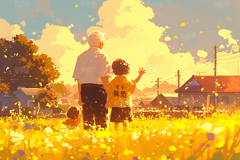 老人目送孩子离家留守老人夕阳红插画