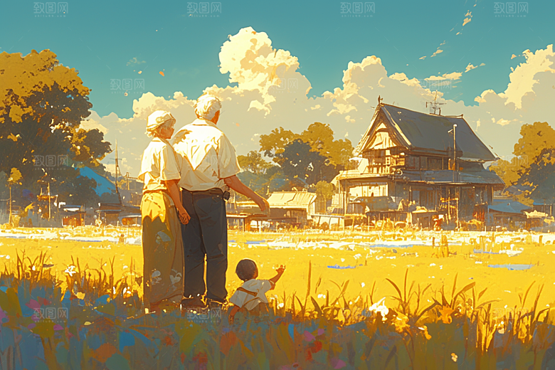 老人目送孩子离家夕阳红温馨插画