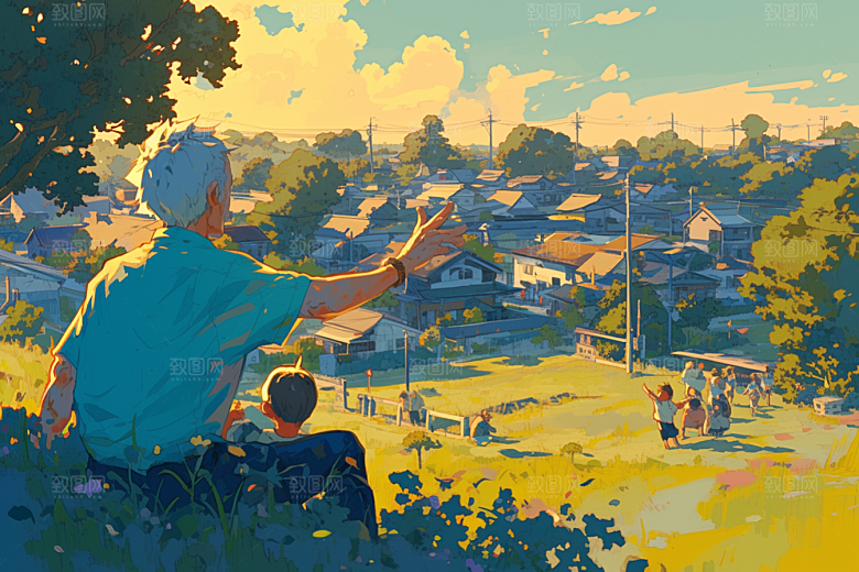 老人目送孩子离家温暖高清插画