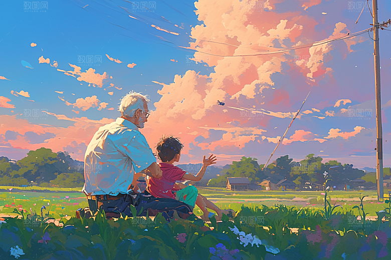 老人目送孩子离家暖色家人插画