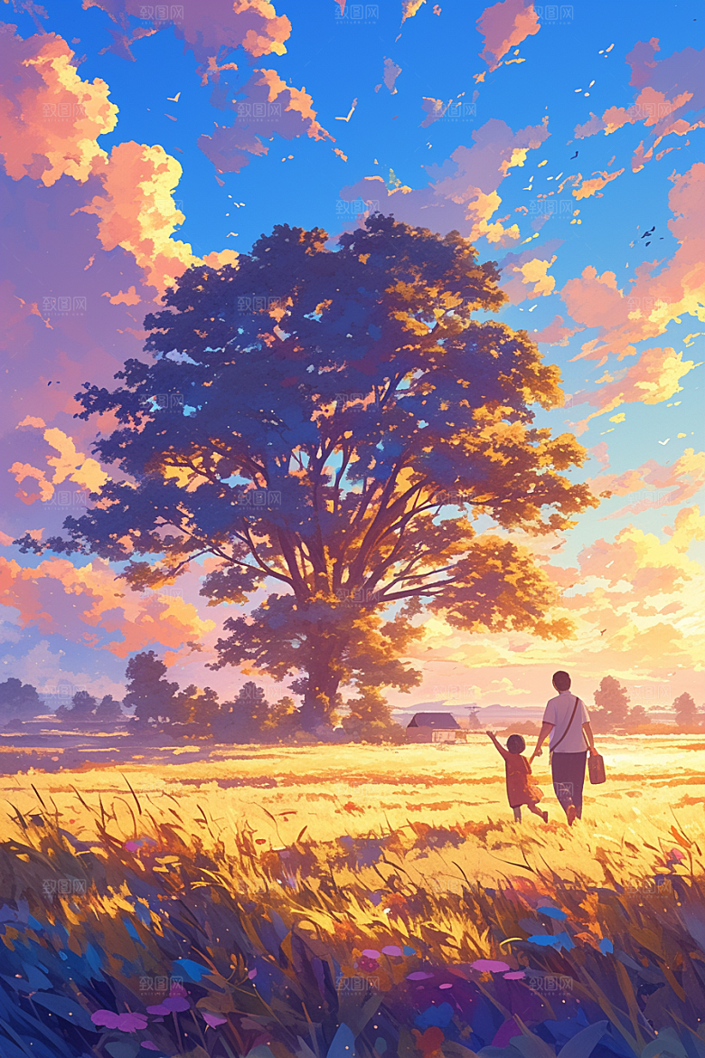 老人目送孩子离家高清夕阳红插画