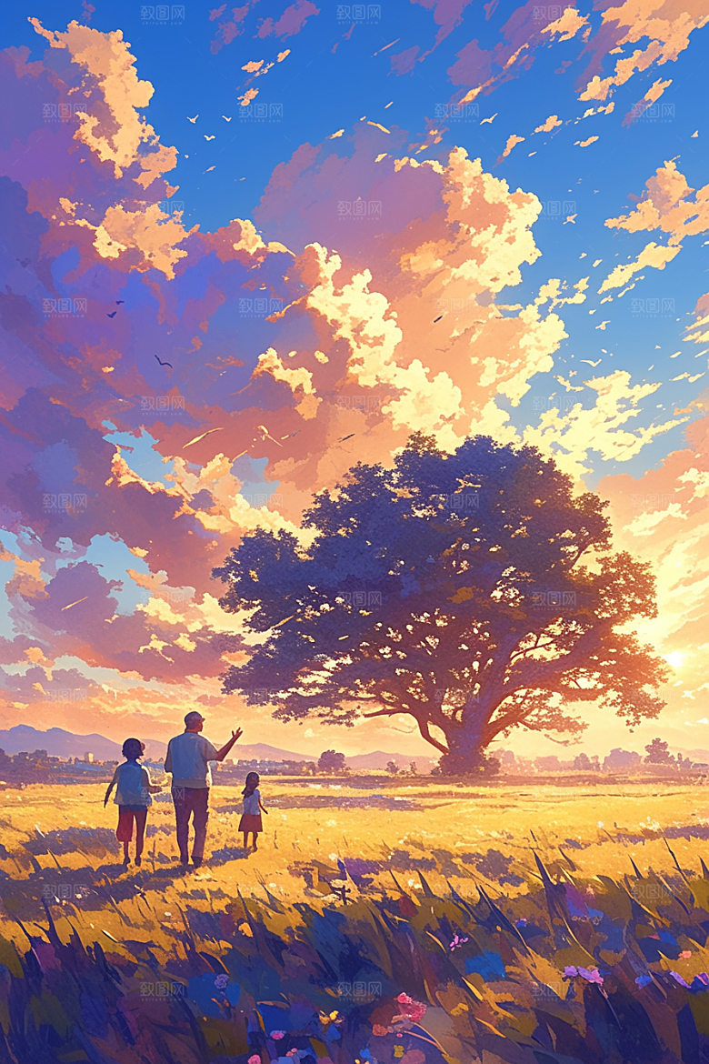 老人目送孩子离家高清家庭插画