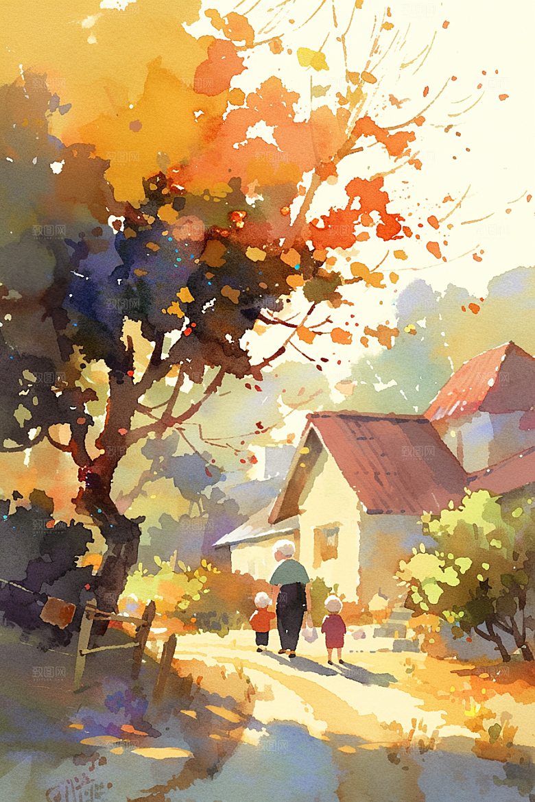 老人目送孩子离家远行家人插画