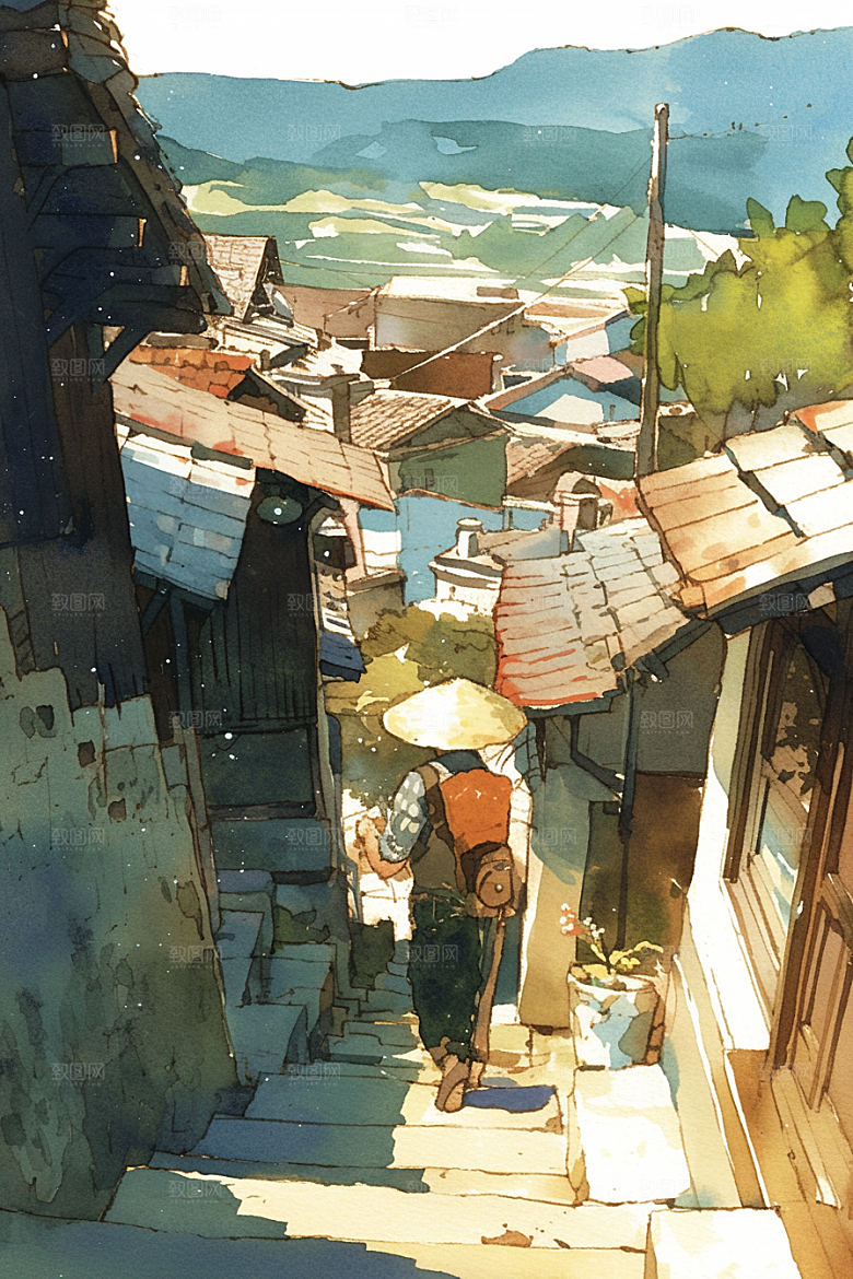 老人目送孩子离家夕阳红亲情插画
