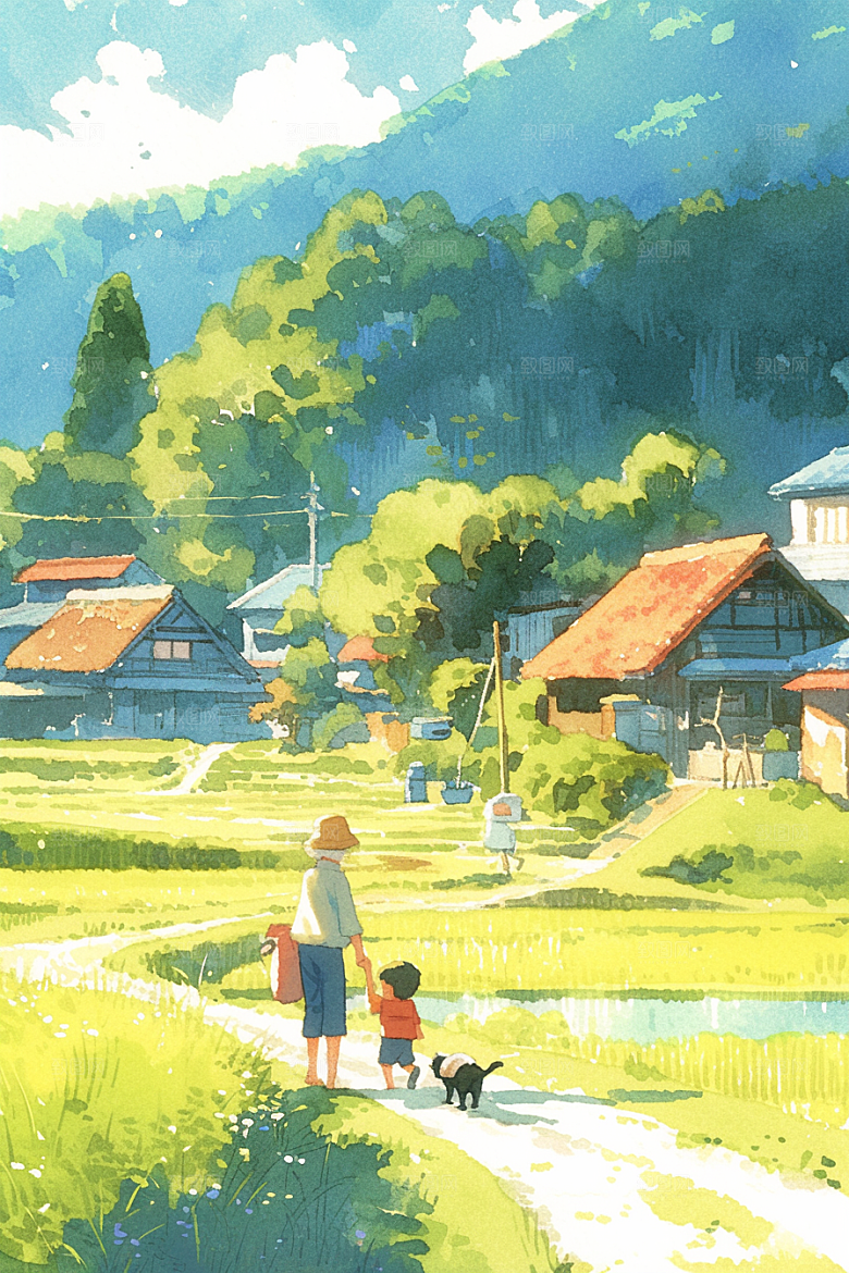 老人目送孩子离家家庭家人插画