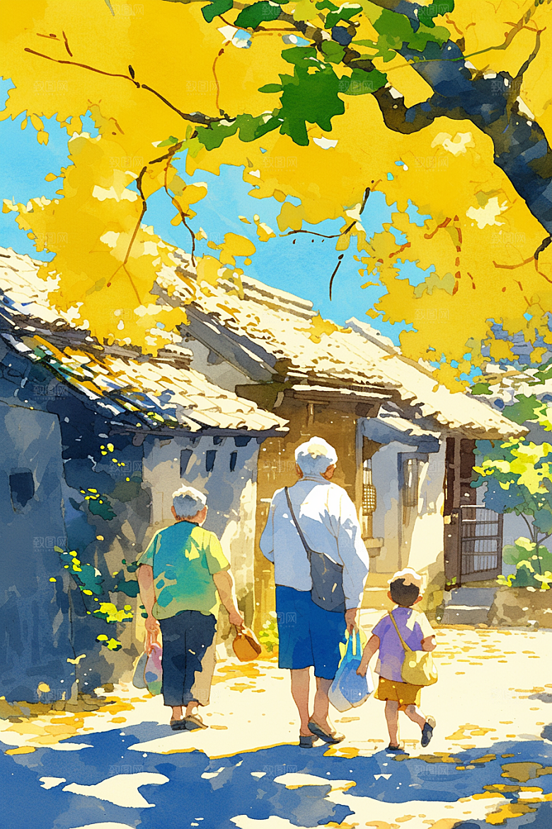 老人目送孩子离家暖色夕阳红插画